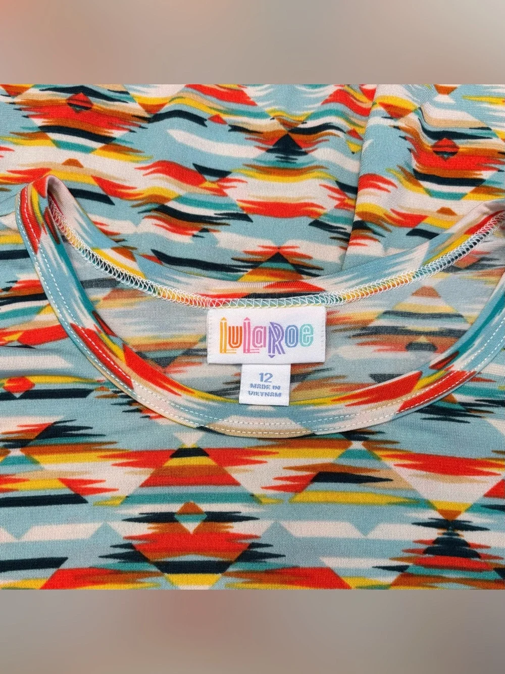 EUC LuLaRoe Girls Scarlett Dress, Sz 12, Aztec Design - Teal, Orange, Yellow - Picture 8 of 13